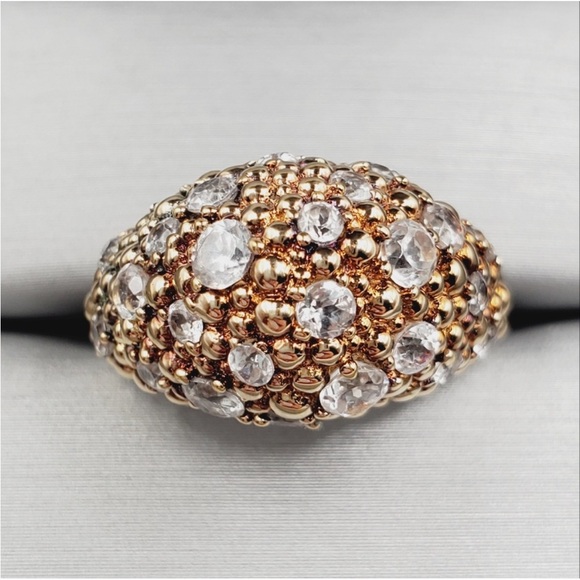 Genuine Round White Topaz 925 Sterling Silver - Gold Bubble Dome Flower Ring - Picture 1 of 6
